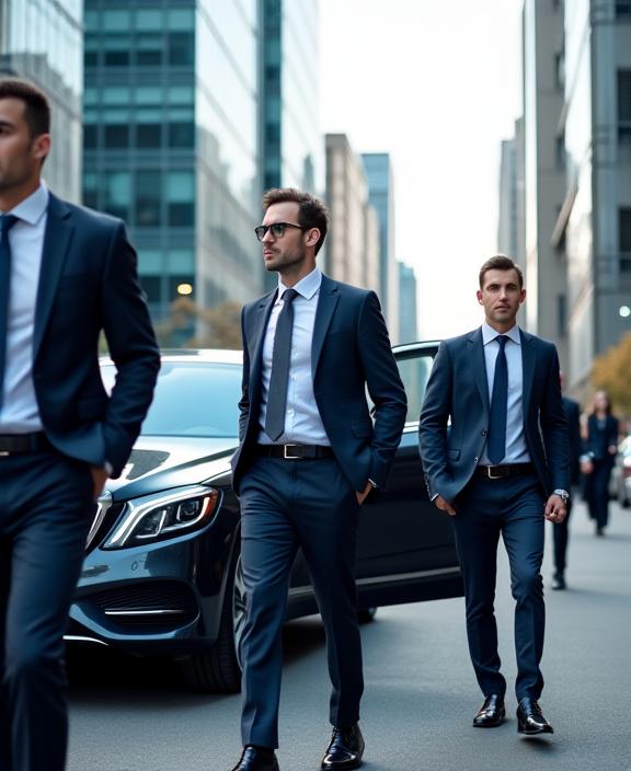 A group of professionals exiting a premium car in a business district.
