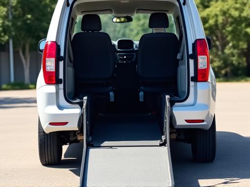 A wheelchair accessible vehicle with its ramp deployed.
