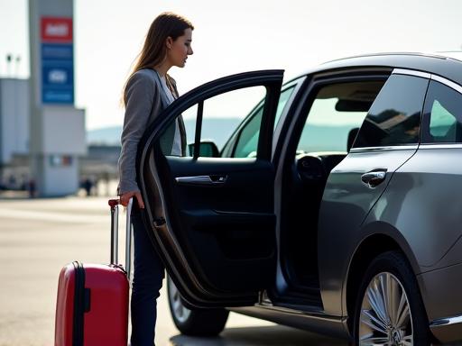 A person with luggage getting into a car at Melbourne Airport.
