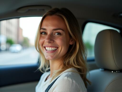 A smiling passenger in the back of a clean car.