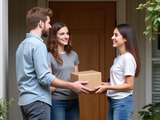 A driver handing a small parcel to a recipient at their door.