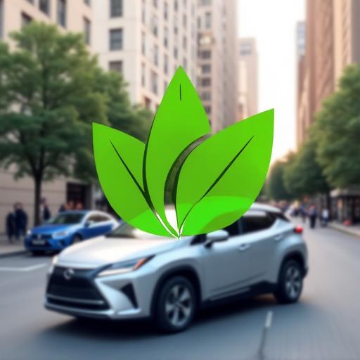 A green leaf icon over an image of a hybrid car.