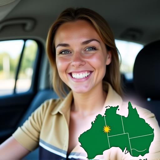 A friendly Aussie RideShare driver with a map of Australia icon.